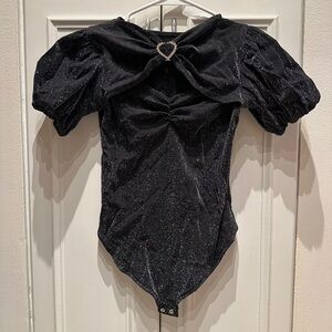 Zara Silver Black Glitter Bodysuit Short Puff Sleeves